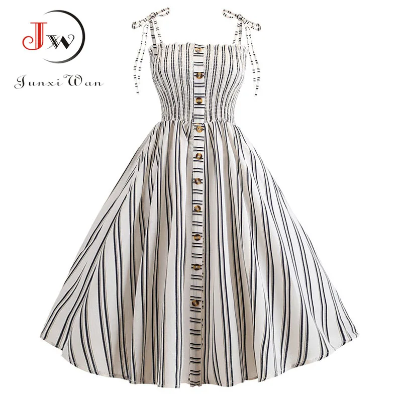 

Striped Spaghetti Strap Casual Beach Dress Women Summer Sexy Big Swing Party Dress Plus Size Elegant Vintage Rockabilly Vestidos