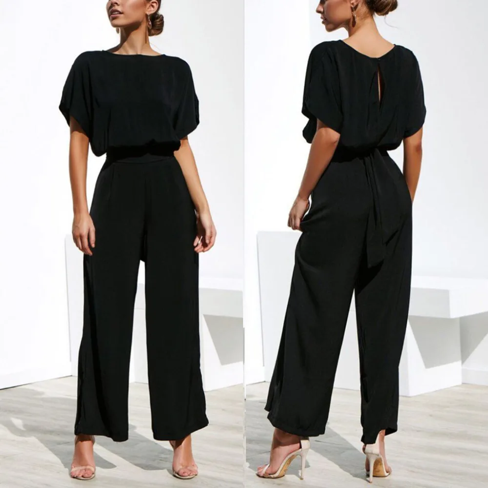 

2019 Feitong 2PCS Fashion Women Casual Short Sleeve Solid Bandage O-Neck Tops+Pants Suit