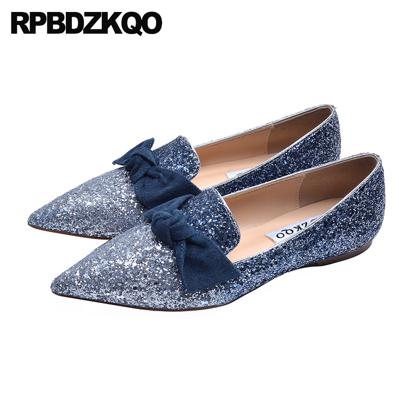

pointed toe blue party designer women flats pink ballerina bow autumn spring bling sequins single shoes ballet glitter sparkling
