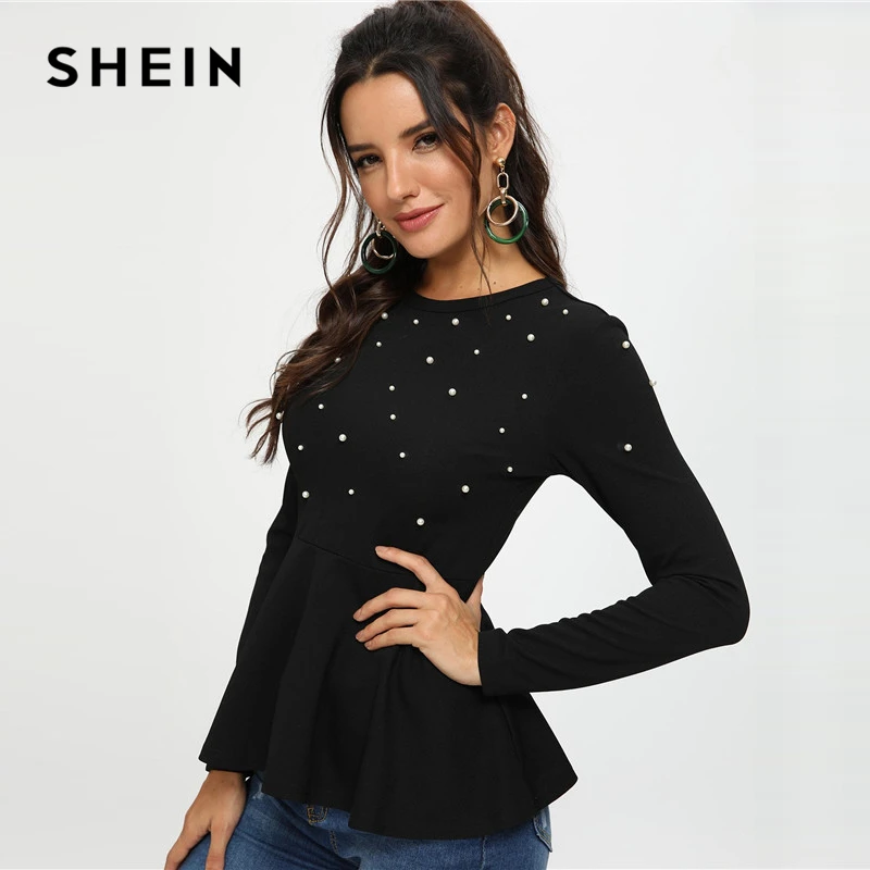 SHEIN Black Pearls Beaded Solid Peplum Top Elegant Round Neck Long Sleeve Flared Blouses Women Autumn Plain Minimalist Blouse