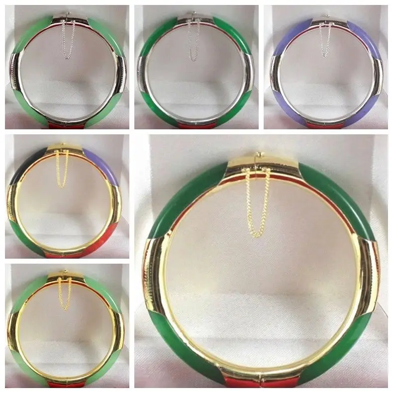 

Multi-Color /Green/ Purple Jade 18KGP Clasp Bangle Bracelet