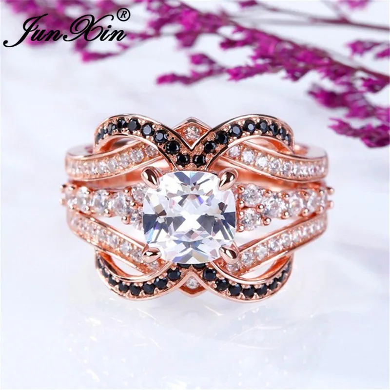 JUNXIN Creative Cross X Ring Sets For Women Rose Gold Filled White Black Zircon Stone Wedding Ring Female Round Crystal Ring CZ