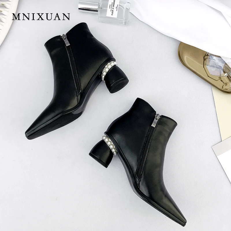 

MNIXUAN ladies shoes ankle boots women 2018 genuine leather winter square toe warm short plush zipper pearls high heels big size