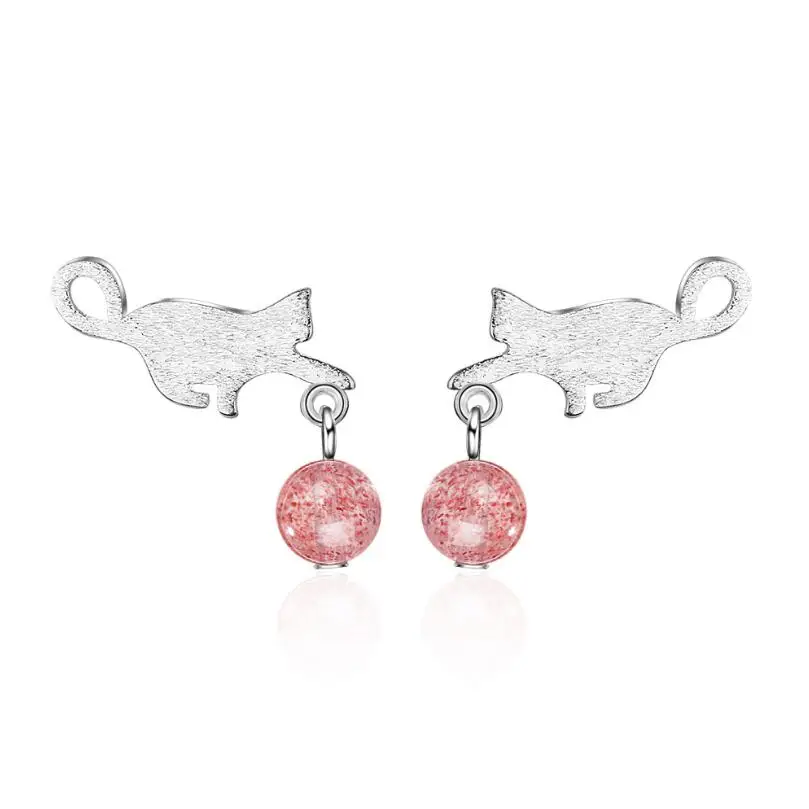 

New Exquisite Cat Strawberry Crystal Dangle Earrings For Women Trend 925 Sterling Silver Jewelry Party Gift Brincos SAE120