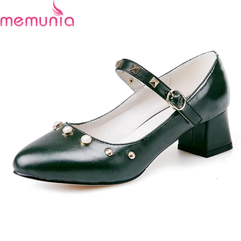 

MEMUNIA spring autumn buckle leisure women ladies shoes med heel pointed toe mary janes pu leather casual shoes big size