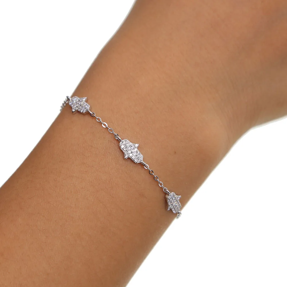 100% 925 sterling silver factory design three cz hamsa hand charm delicate girl women jewelry sparling hamsa hand bracelet (4)