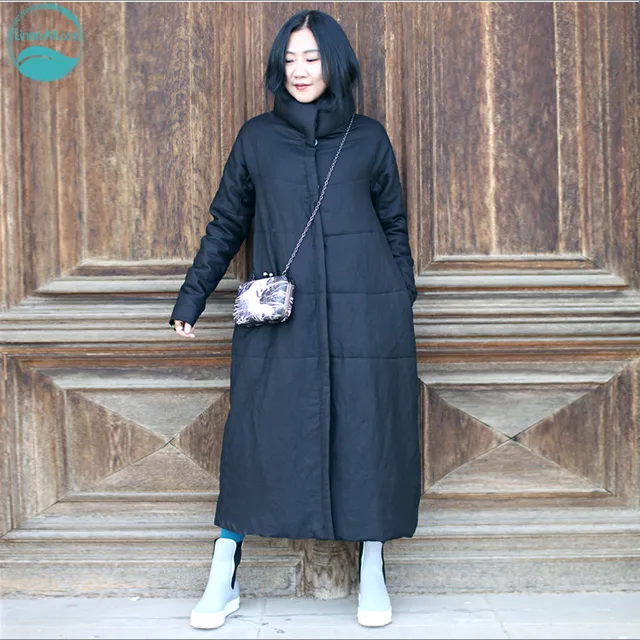 Cheap LinenAll women's parkas,black original design 100% linen elegant stand collar thin 120g cotton-padded long parkas outerwear BMF 
