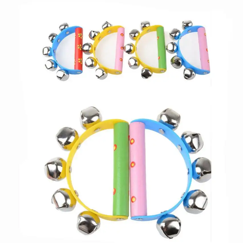 Rainbow Musical Instrument Toys Wooden Jingle Ring Handbell Baby Rattle