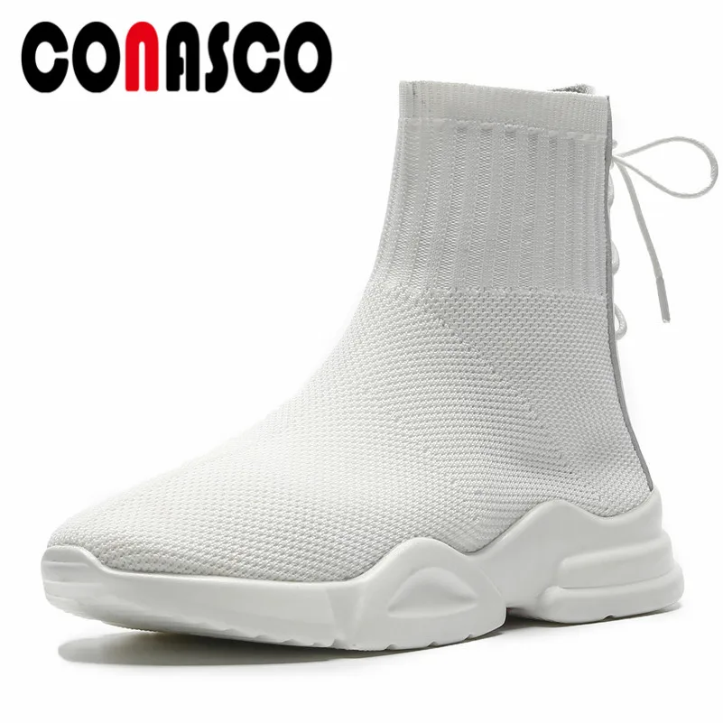 

CONASCO New Women Socks Boots Platforms Stretch Party Dancing Shoes Woman Breathable Sexy Black White Ankle Boots Lace Up Shoes