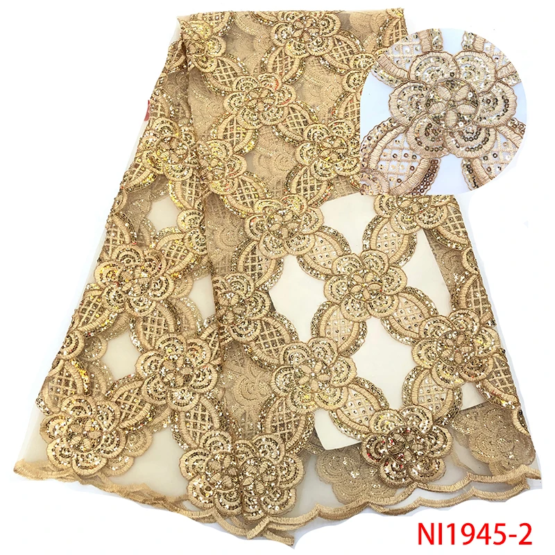 

African 3d Lace Fabric High Quality Gold African French Tulle Net Lace Embroidery Lace Trim For Nigerian Wedding Dress NI1945