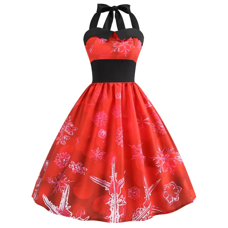 Рождественское женское платье, сексуальное платье с лямкой на шее, винтажное платье с принтом снеговика и снежинок, ретро рокабилли, платья для вечеринок