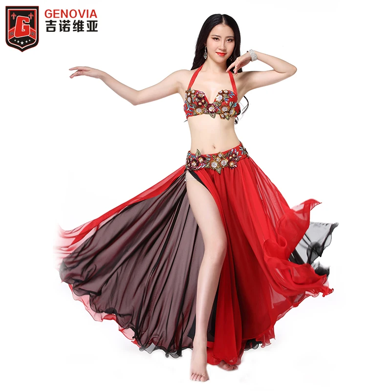 

Women Belly Dance Costume Set Bra Top Skirt Dress Hollywood Carnival Outfits Beaded Belly Dance Costume Set Bra Belt Skirt