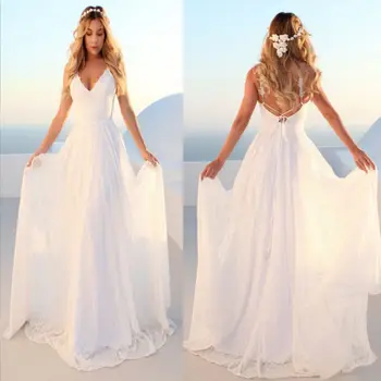 

2019 Spaghetti Strap Backless Deep V Neck Dress Sexy Women Wedding Sleeveless Lace Fashion Beach Style Party Dresses Wholesale