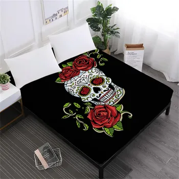 

White Black Suger Skull Bed Sheet Rose Floral Print Fitted Sheet Ladies Sweet Mattress Cover Halloween Gift Home Decor D30