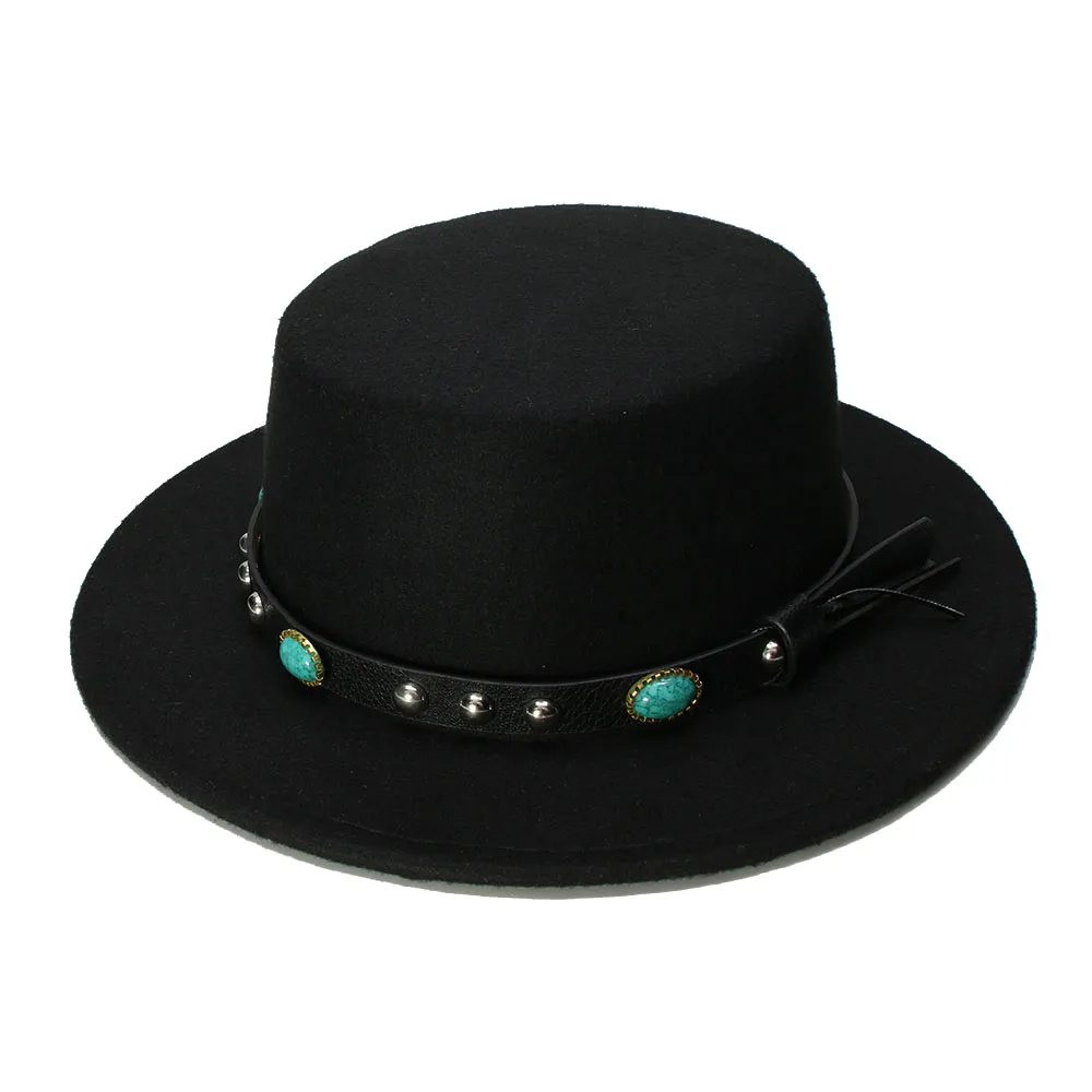 

LUCKYLIANJI Women Men Vintage 100% Wool Wide Brim Cap Pork Pie Porkpie Bowler Hat Turquoise Leather Band (57cm/Adjusted)