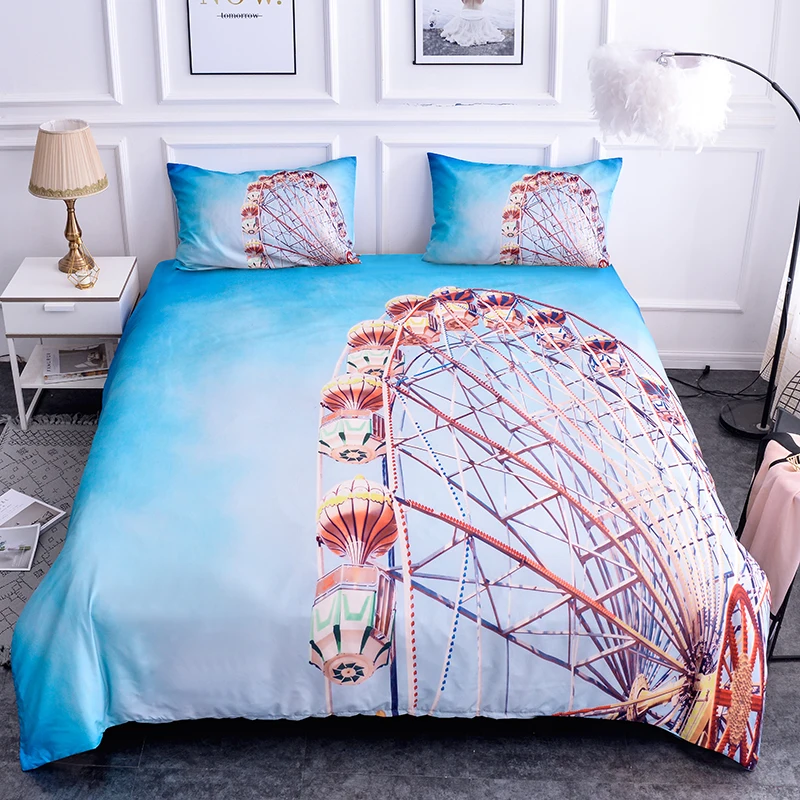 

Boniu Playgroud Bedding Set for Child 3D Happy Ferris Wheel in the Blue Sky and White Clouds Soft Duvet Cover Set Bedclothes