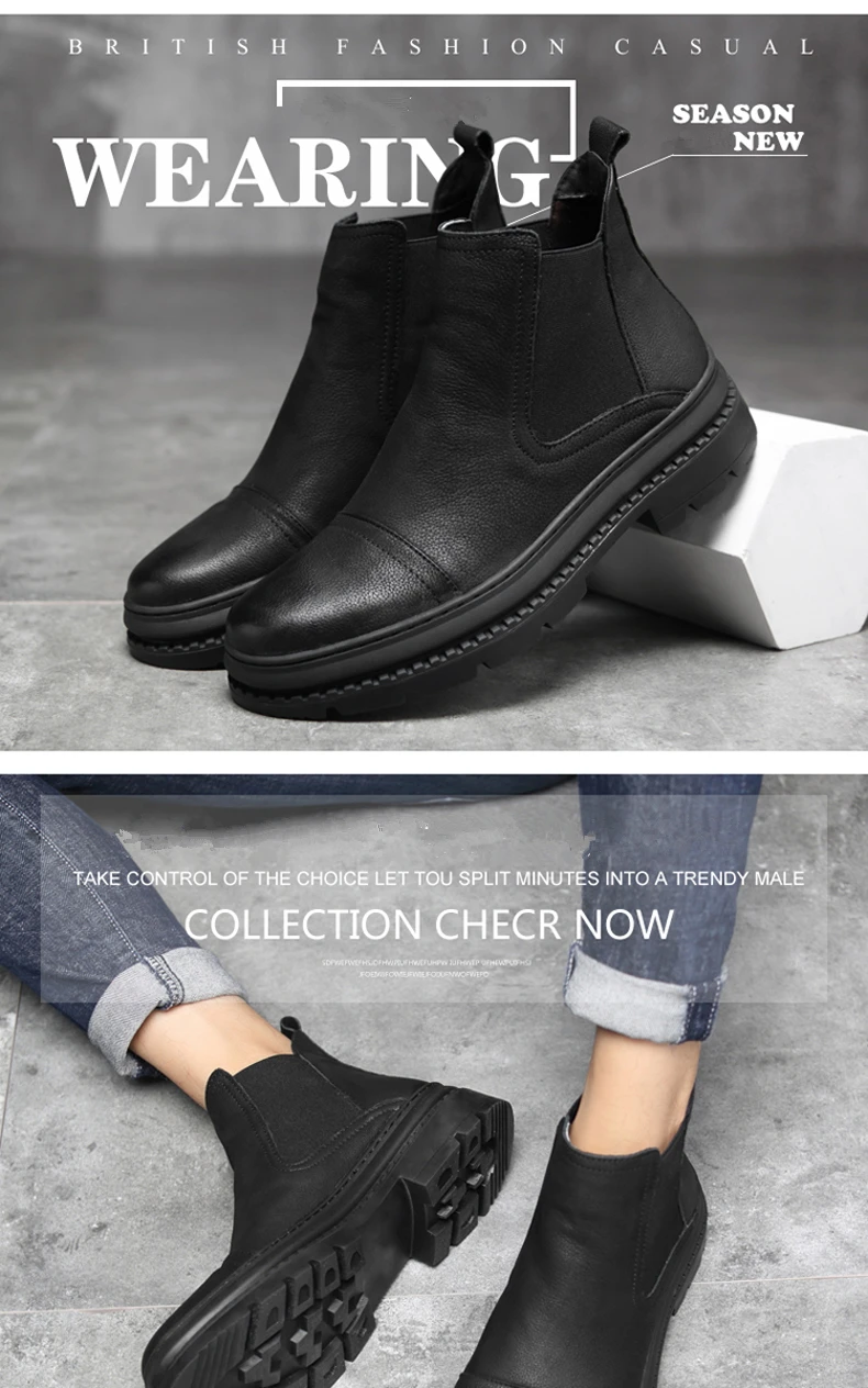 Plus Size 38-47 Chelsea Boots Men Winter Shoes Black Genuine Leather Thick sole Mens Footwear Warm Plush nonslip snow boots