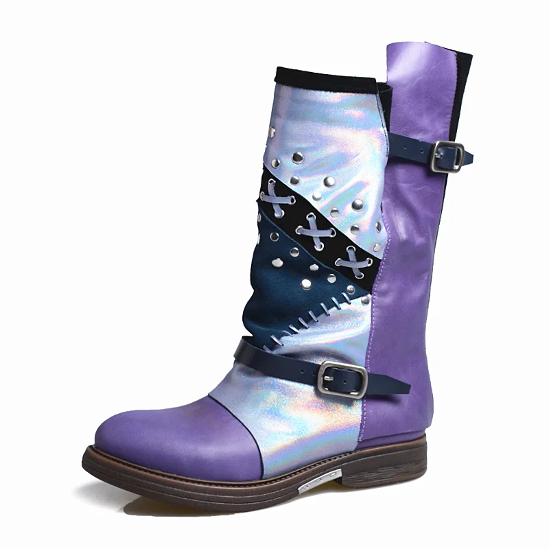 Mujeres Pantorrilla Moda Damas Botas Cuero Para Perfetto Prova Media Grueso Motocicleta Falt Fondo Marca Real Suave Diseñador Purple De Cwx8xISqt