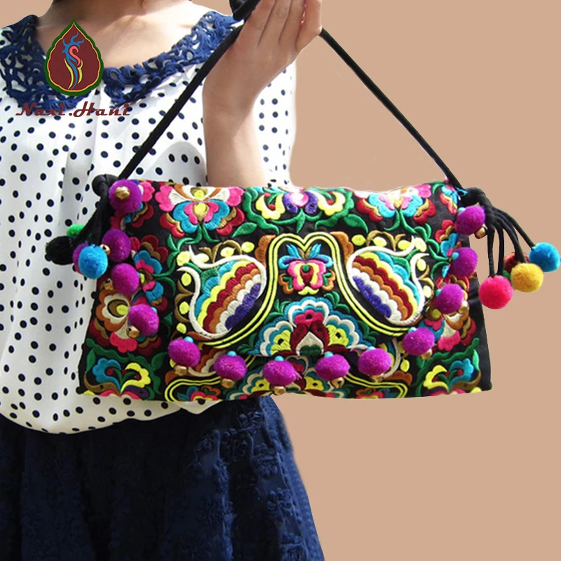 Best Selling Hmong embroidery Women handbags Vintage Fashion Cover Pompon Small bells shouder messenger bags Ethnic
