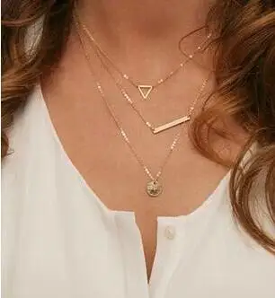 

2016 Hottest Fashion Gold Geometric Bar Lariat Necklaces 3 Layers Hollow Round Triangle Pendants Necklaces Clavicle Chain Women