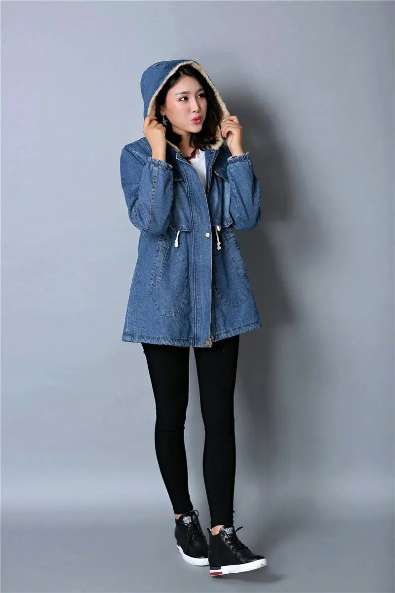 Женская джинсовая куртка,, Корейская, средней длины, плюс хлопок, деним, с капюшоном, Женское пальто, плюс размер, повседневная, осень, зима, женские джинсовые топы