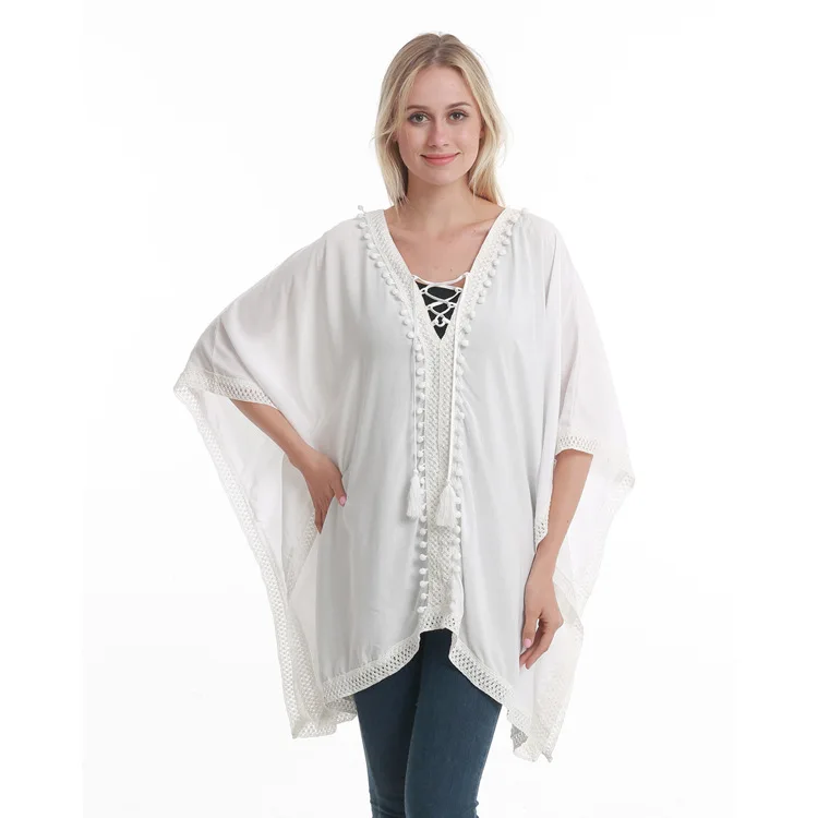 

SUMEIKE Spring women shawl new large size cloak deep V chest cross bandage lace solid color thin loose blouse ponchos