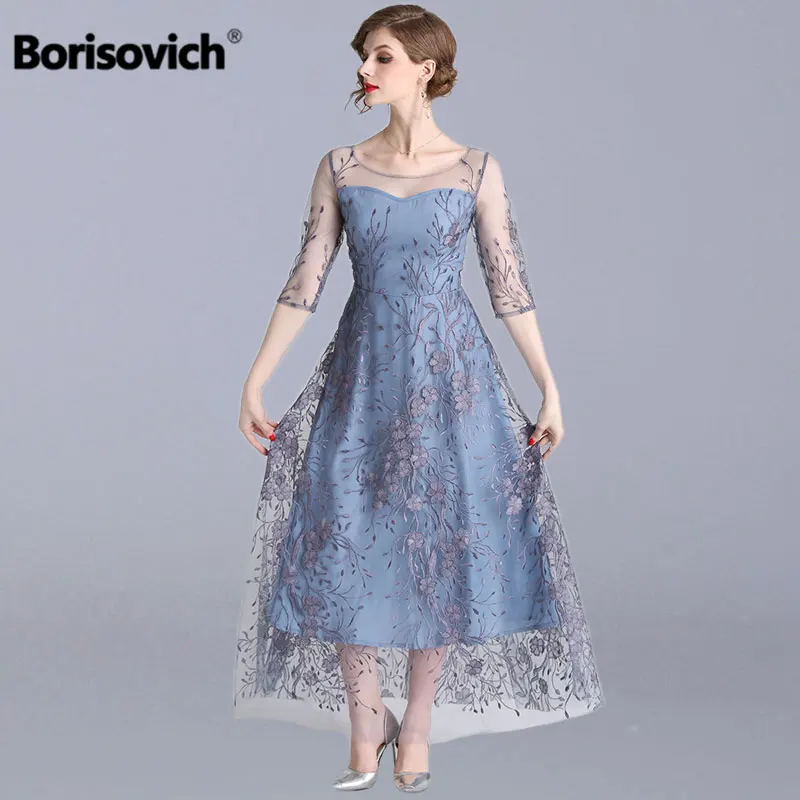 

Borisovich Women Evening Party Dresses New 2019 Spring Fashion Luxury Floral Embroidery Elegant A-line Female Long Dress N729