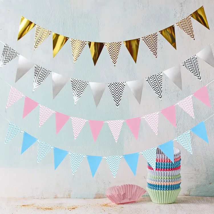 

12Flags Gold silver Wave Paper Banner bunting paper Flag Wedding birthday baby Party Decor Home Room Backdrop Kids Gifts Supplie