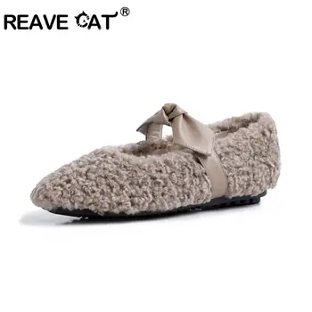 

REAVE CAT Women genuine leather wool Ballerinas Flats outside furry flat shoes Loafers Ladies Moccasin Shoes autumn spring