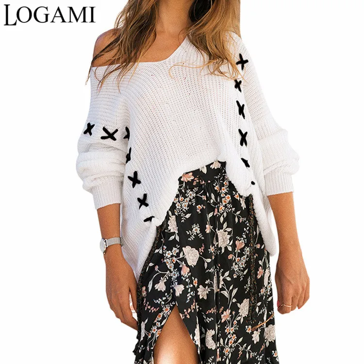 

LOGAMI V Neck Lace Up Loose Women Sweaters And Pullovers 2018 New Arrival Fashion Pullover