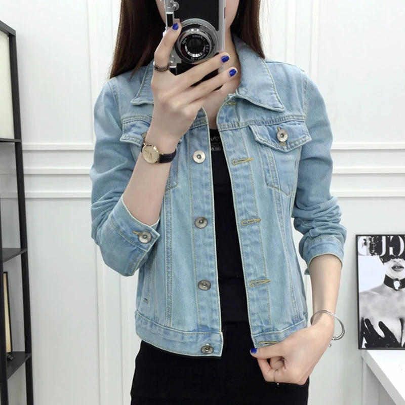 

New 2019 Spring Autumn Women Plus Size 3XL basical jeans jacket coat Bleach Full Sleeves Single Breast Slim Women Denim Jacket