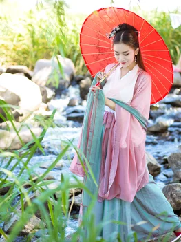 

2020 hanfu cosplay costumes women chinese style v neck three quarter sleeve embroidery dress vestiges de fiesta