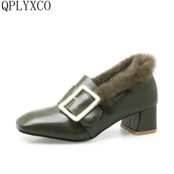 

QPLYXCO 2017 New Big Size 32-46 Fashion casual Women Square High Heel Shoes Lady winter warm Square Toe Heeled Pumps Shoes 07-24