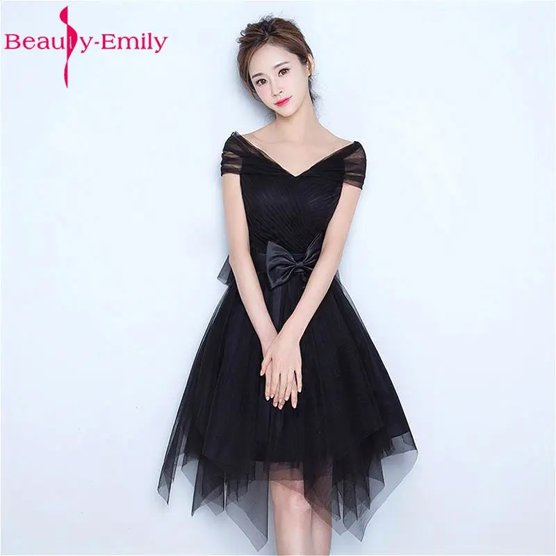 

Beauty Emily Black Short Knee Length Tulle Evening Party Prom Dresses 2018 Sleeveless Backless Lace Bow Formal Occasion Dresses