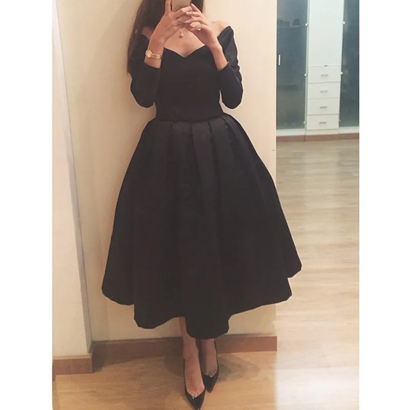 2016 3 4 Sleeves Cap Sleeve Tea Length Black font b Prom b font font b