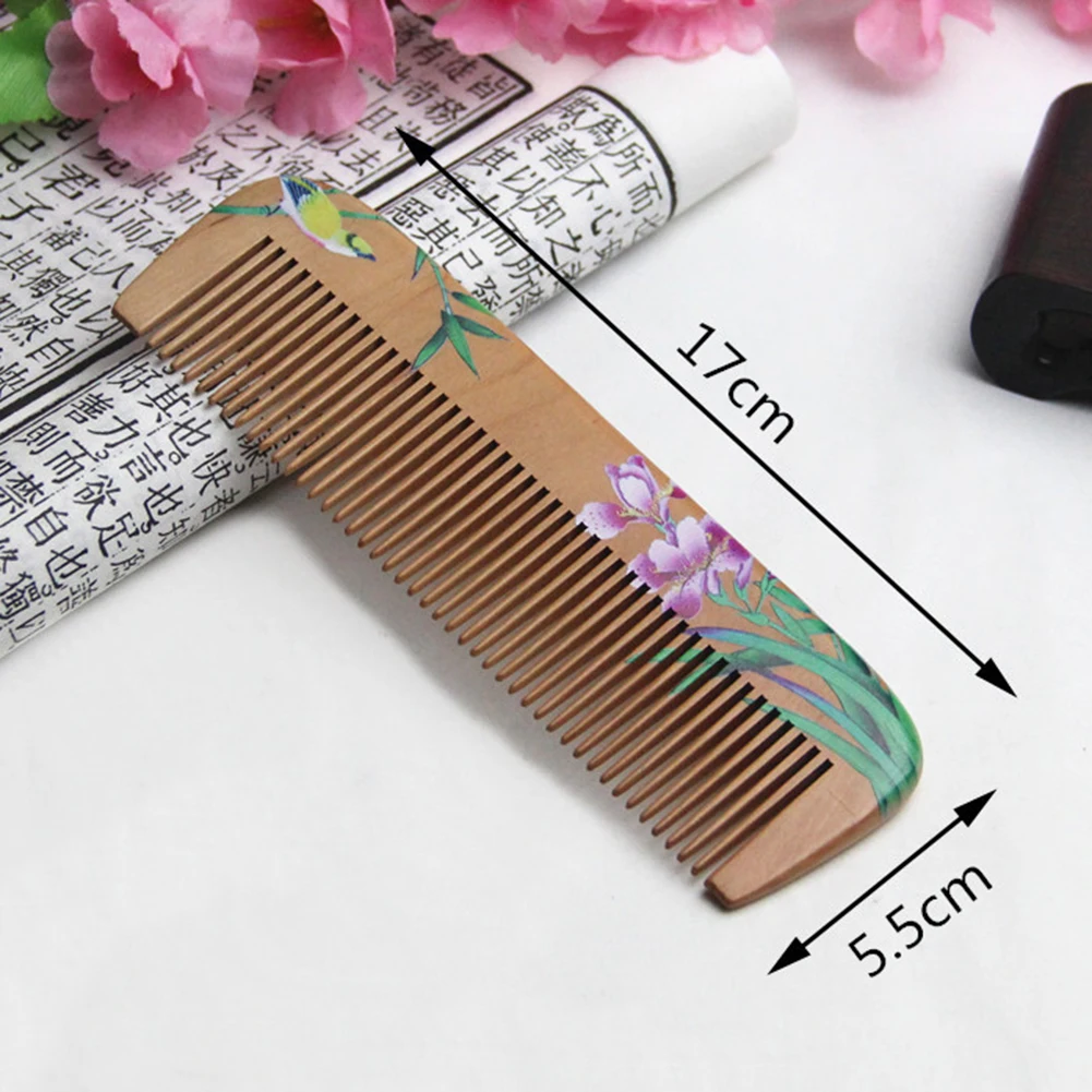 Flower Painted Chinese Peach Wood Comb  Healthy Scalp Massage Anti-Static Comb Hair Care Wooden Gift Beauty Tool 3