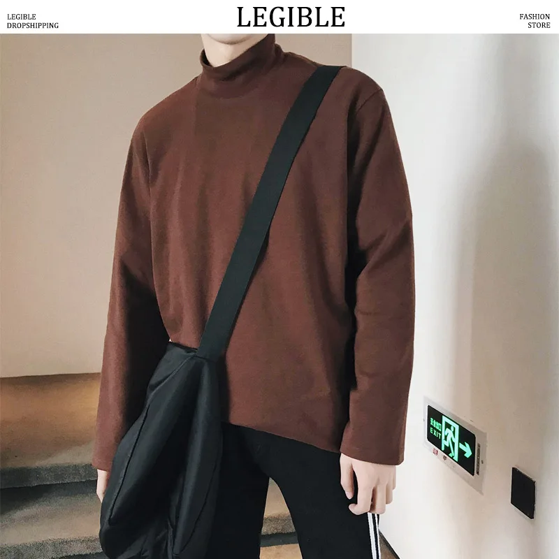 

Hip Hop T-Shirt Men 2019 Spring Autumn New Long Sleeve Turtleneck T Shirt Men Loose Solid Tee Tops Men Clothing 9 Color