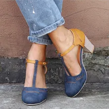 Eooodoit mulher bombas sandálias verão salto alto quadrado sapatos de couro t fivela dedo do pé redondo sandálias retro mais tamanho saltos de outono 8 cm