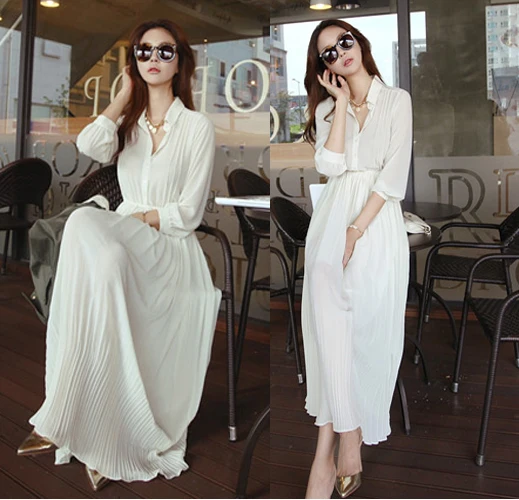 Free Shipping 2014 Summer Long Casual Dress Chiffon Pleated Bohemian Dresses Womens Sleeve Fashion One Piece Clothes SD274 | Женская