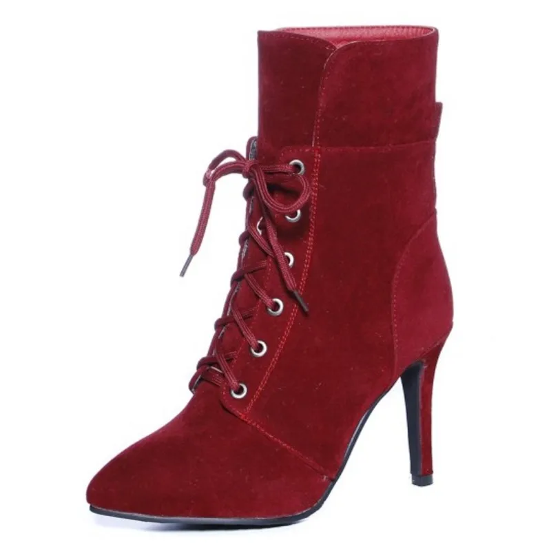 Grande Min Q323 Martin gris Dentelle Point veau Avec Élégante Casual rouge jaune Velours Sjjh Chaussures Taille Bottes Solide Toe Femmes Mode Noir up Stiletto ED2WH9I