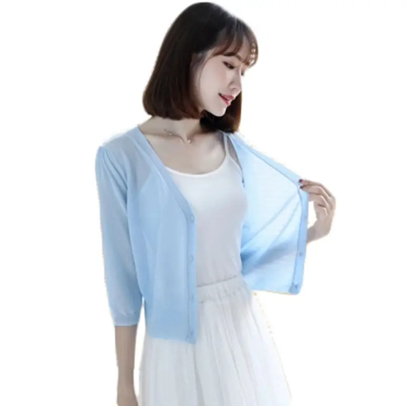 Solid Color Knit Cardigan Women Short Outside Shawl Sunscreen Summer Thin Top V-neck Seven Point Sleeve Shirt Coat f454 |