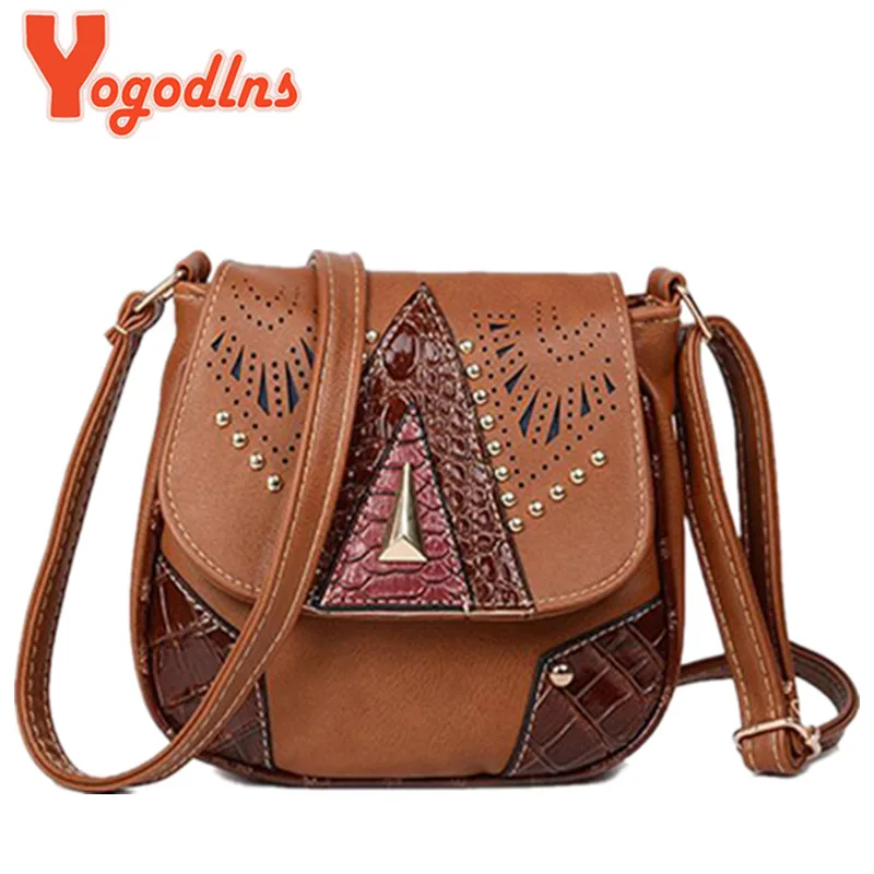 

National Style Women Messenger Bags Vintage Shoulder Bag PU Leather Hollow Out Rivet Ladies Crossbody Bag Handbag For Women