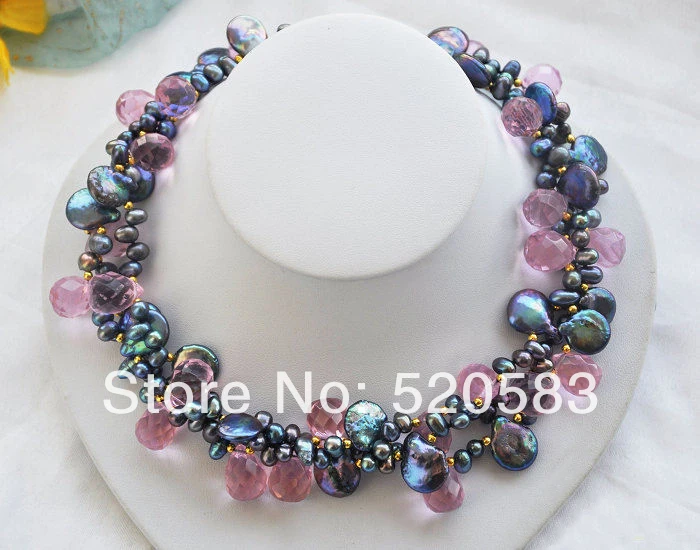 

3row 18" black rice coin FW pearl pink crystal faceted drip necklace