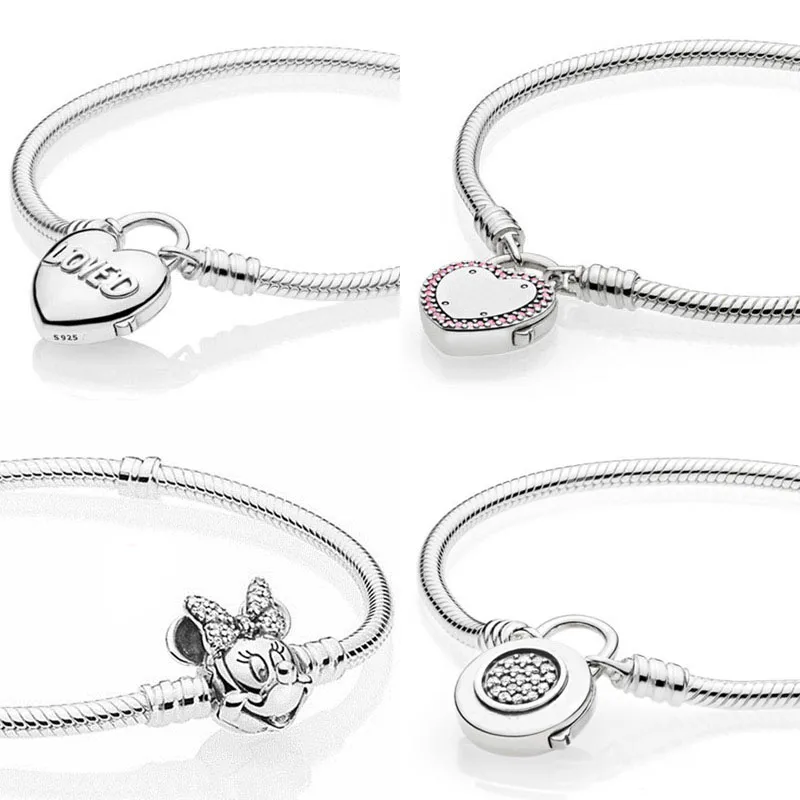 

Moment Loved Heart Lock Your Promise Padlock Minnie Portrait Clasp Bracelet Fit Europe Bangle 925 Sterling Silver Charm Jewelry