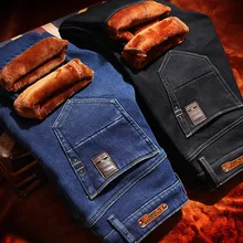 Winter jeans für männer warme männliche dünne blau denim hosen klassische marke männer dicke jeans qualität samt hosen große größe