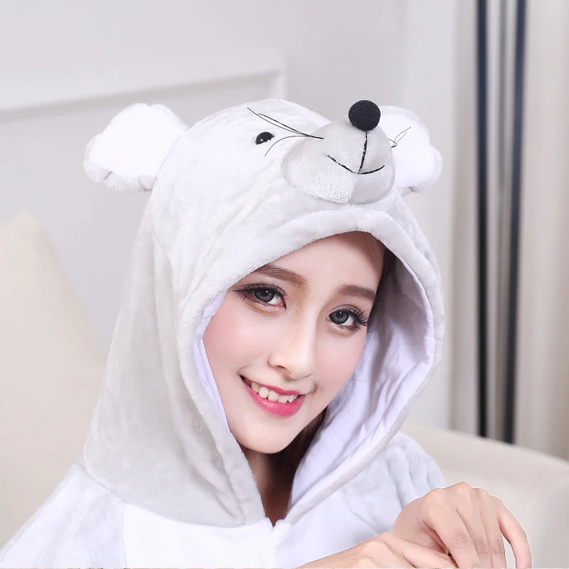 Soft Gray Mouse Onesie Flannel Warm Cute Pajamas Kigurumi Animal Sleepwear Adult For Women Cosplay home Special Costume Jumpsuit (7)