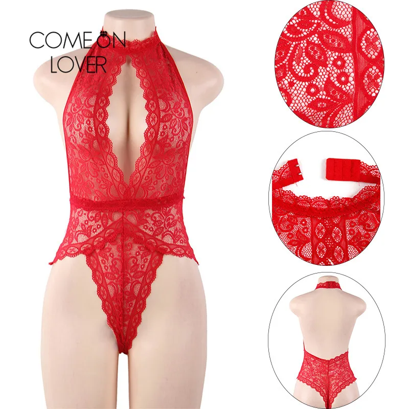 Comeonlover Lace Bodysuit Lingerie Backless Lace Open Cup Lingerie Bodystocking Halter Body Encaje Mujer Sexy Pakjes RI80737