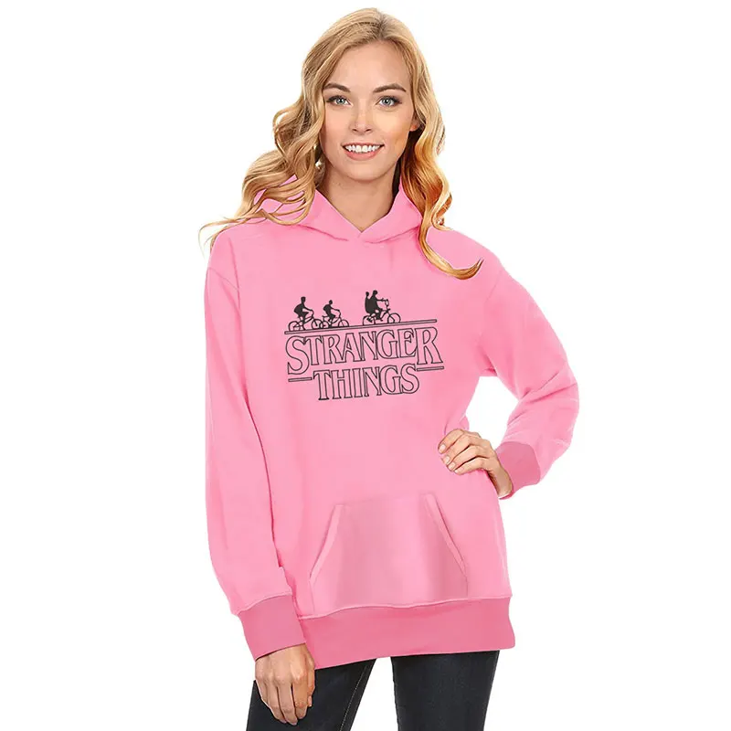 WLLW Pink Sweatshirt Hoodies &quotStranger Things&quot Letter Print Long Sleeve Casual Pullovers Loose Simple Pocket Hoodie | Женская