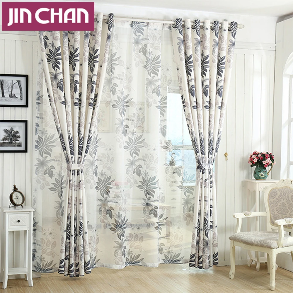 Leaves Printing Off White Blackout Window Curtains For Living Room
