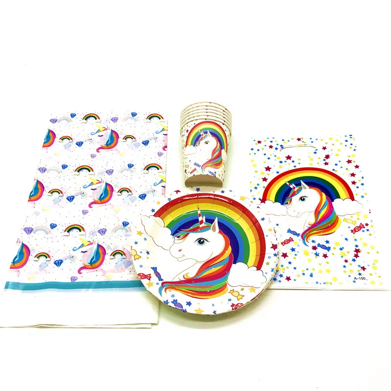 

New Rainbow Unicorn Paper Cup Plate Gift Bag Baby Shower Family Party Tablecloth Boy Girl Birthday Party Decoration Supply 37Pcs